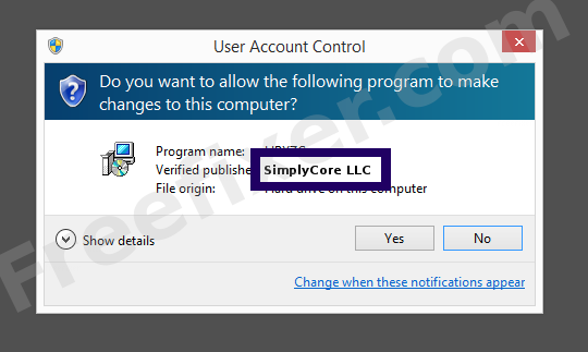 Screenshot where SimplyCore LLC appears as the verified publisher in the UAC dialog